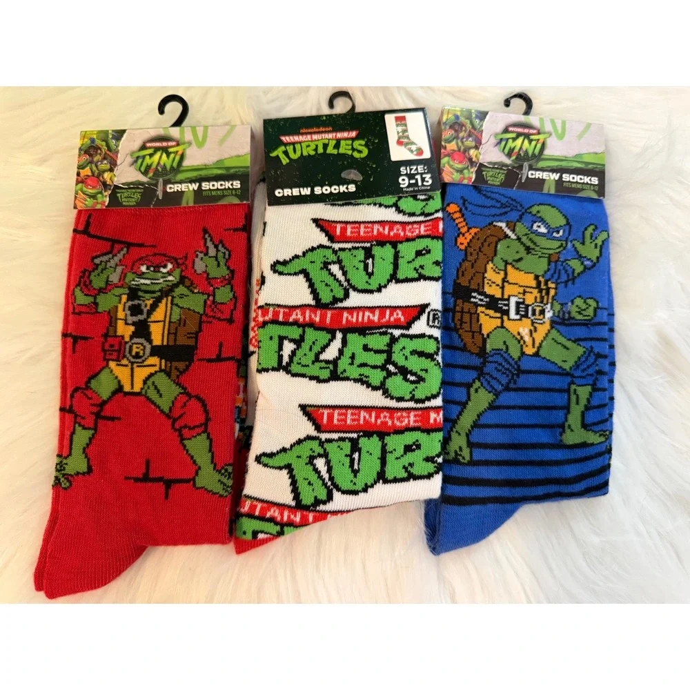 Teenage Mutant Ninja Turtles Crew Socks 3 Pair Bundle Raphael Leonardo TMNT Logo